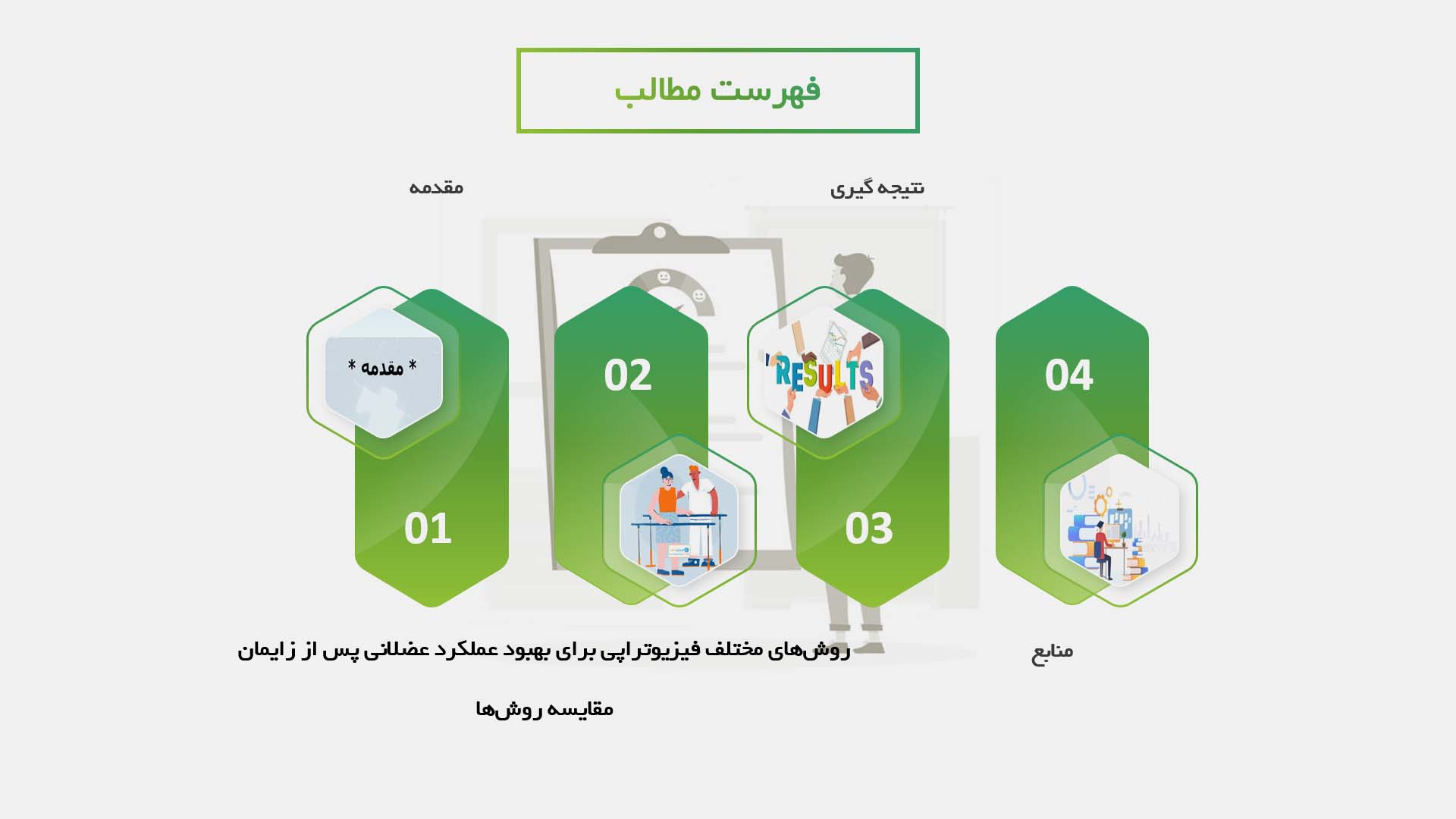 پاورپوینت در مورد مقایسه روش‌های مختلف فیزیوتراپی برای بهبود عملکرد عضلانی پس از زایمان